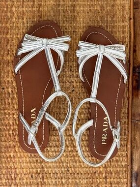 Prada Silver Bow T-Strap Leather Sandals